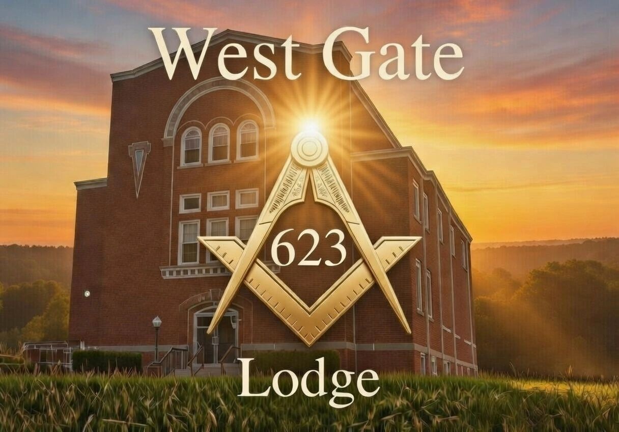 West Gate Lodge No. 623 logo featuring the Lodge building and Square and Compasses